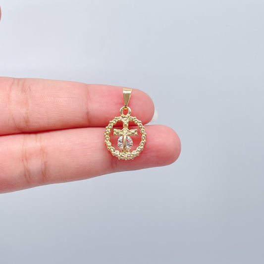 18k Gold Layered Dainty Rugged Circle Cross Charm Featuring Cubic Zirconia For