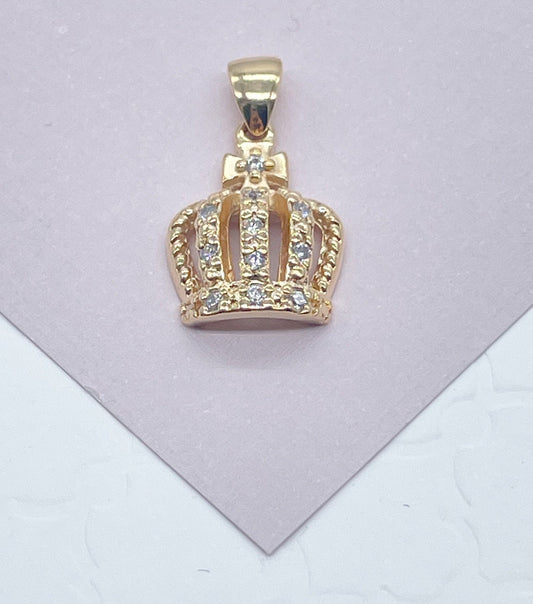 18k Gold Layered Dainty King's Crown Charm In Micro Pave Settings For Wholesale