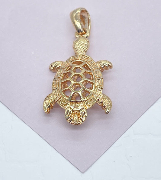18k Gold Layered Double Sided 3-D Turtle Charm Featuring Large Bail For Wholesale