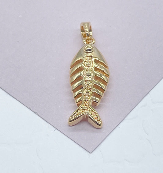 18k Gold Layered Dainty Fishbone Charm Marine Life Ocean Theme Fisher Jewelry For