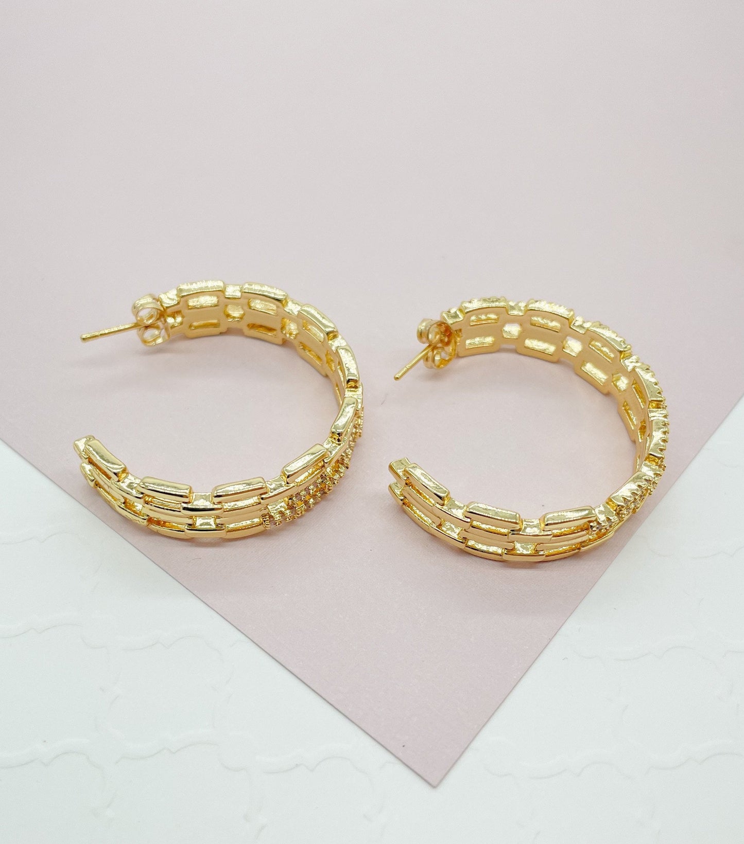 18k Gold Layered Chain Link Hoop Earrings Featuring Cubic Zirconia, Dainty Curb