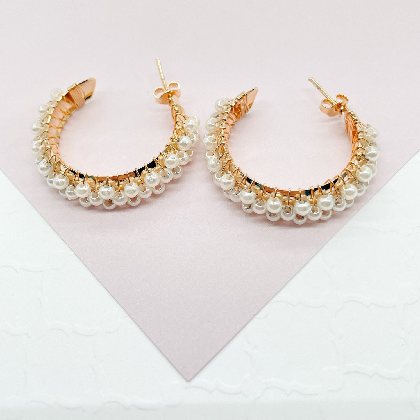 18k Gold filled Hoop Earrings Featuring A Wire Wrap of Pearls Around The Hoop