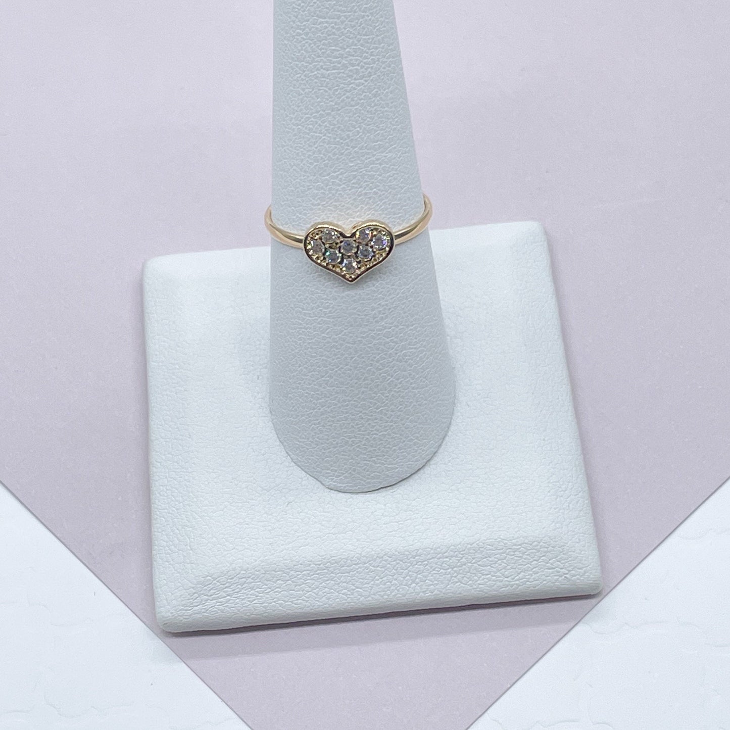 18k Gold Layered Mini Heart Ring Featuring Cubic Zirconia on Top For Wholesale