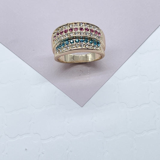 18k Gold Layered Colorful Patterned Ring Featuring Light Blue, Magenta And