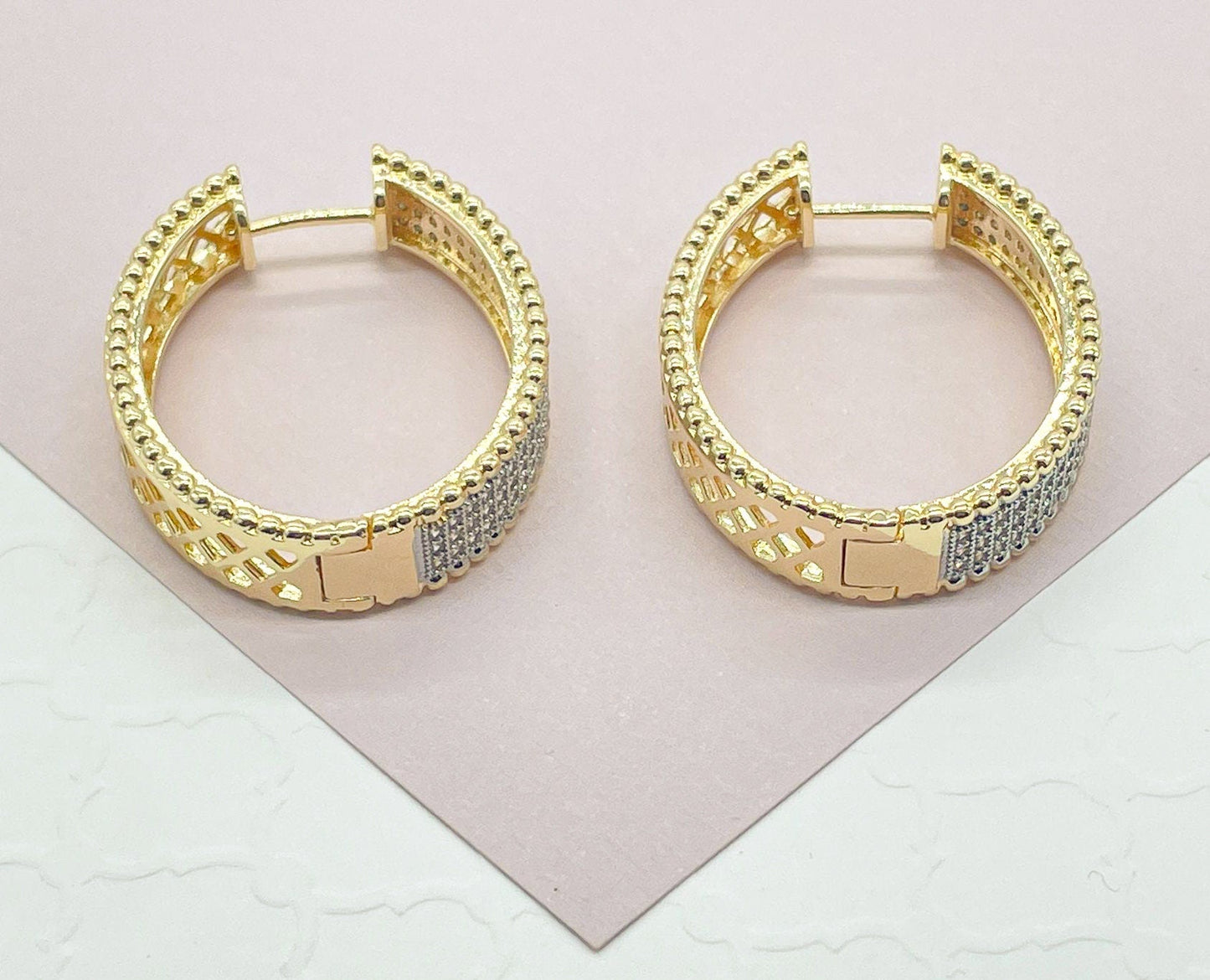 18k Gold Layered Clear Micro Pave Cubic Zirconia Clicker Hoop Earrings