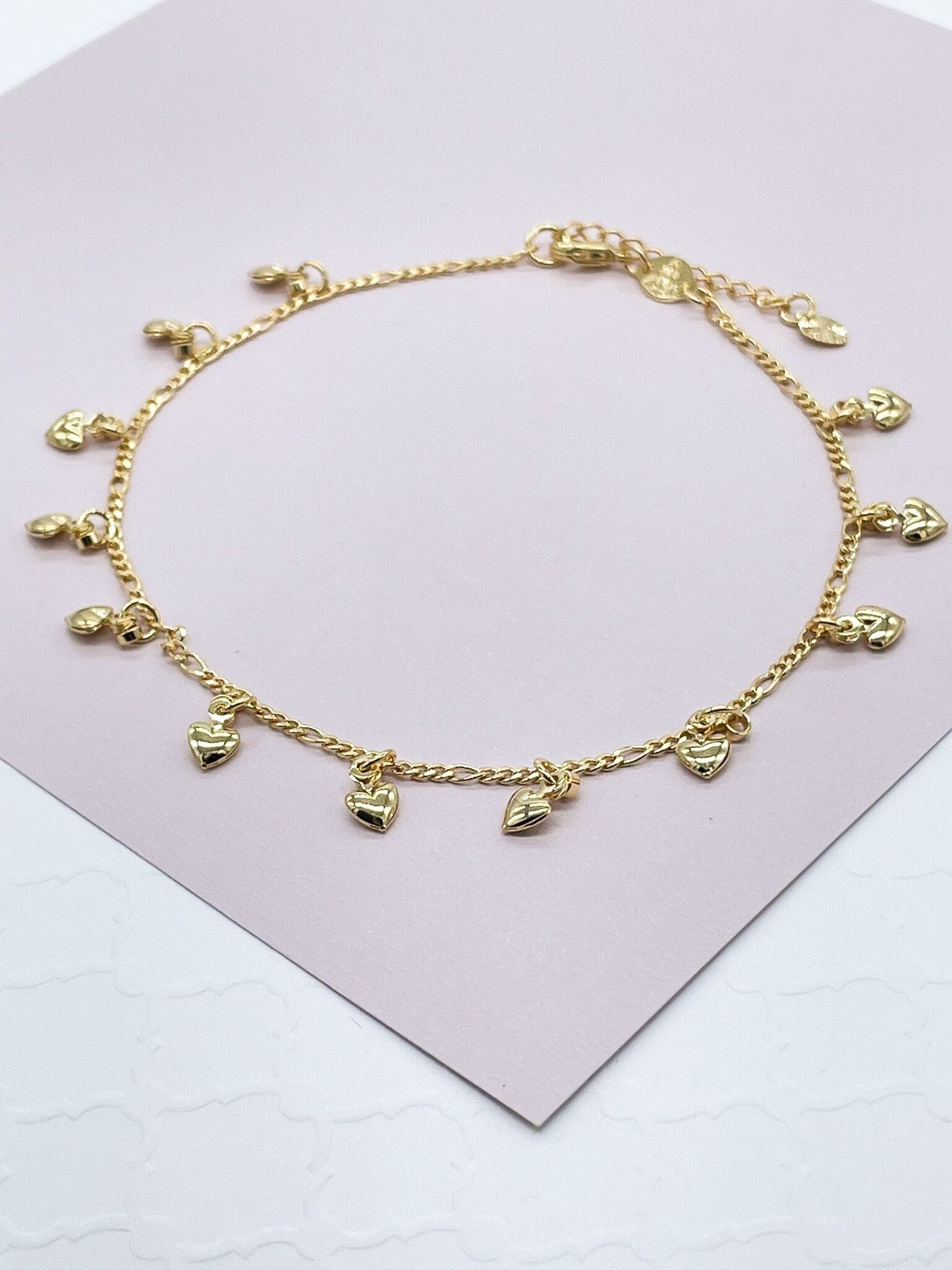 18K Gold Layered Mini Puffy Hearts Charm Anklet For Wholesale And Jewelry
