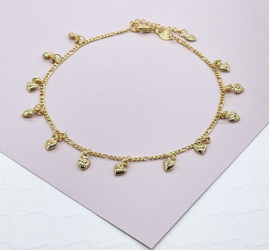 18K Gold Layered Mini Puffy Hearts Charm Anklet For Wholesale And Jewelry
