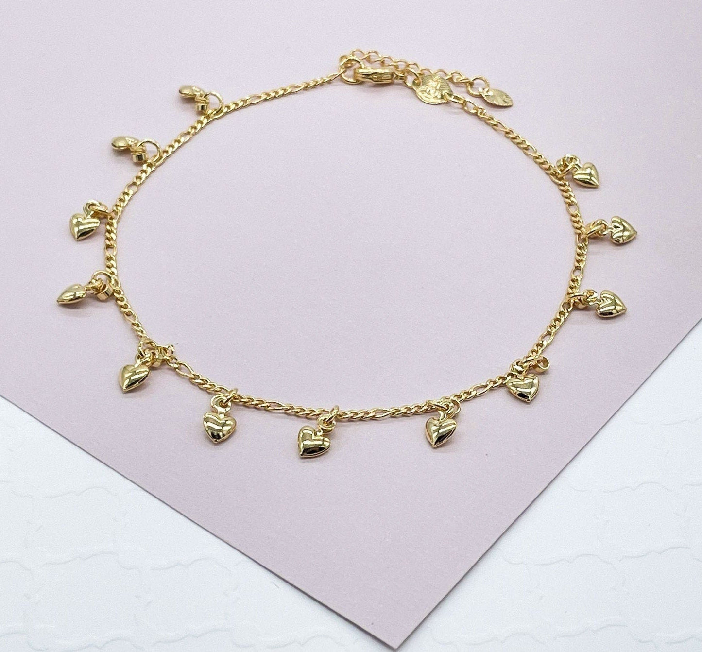 18K Gold Layered Mini Puffy Hearts Charm Anklet For Wholesale And Jewelry
