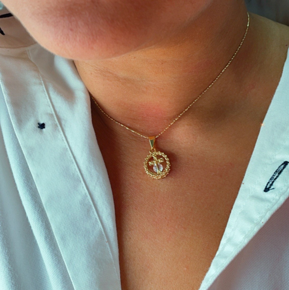 18k Gold Layered Dainty Rugged Circle Cross Charm Featuring Cubic Zirconia For