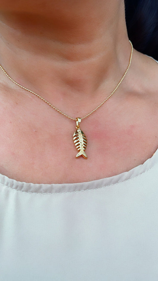 18k Gold Layered Dainty Fishbone Charm Marine Life Ocean Theme Fisher Jewelry For