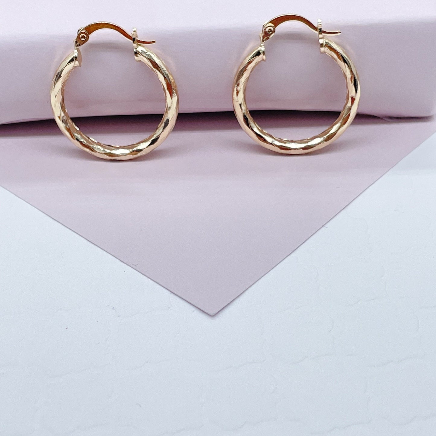 18k Gold Layered Small Diamond Textured Hoops Earrings Available in 25mm For