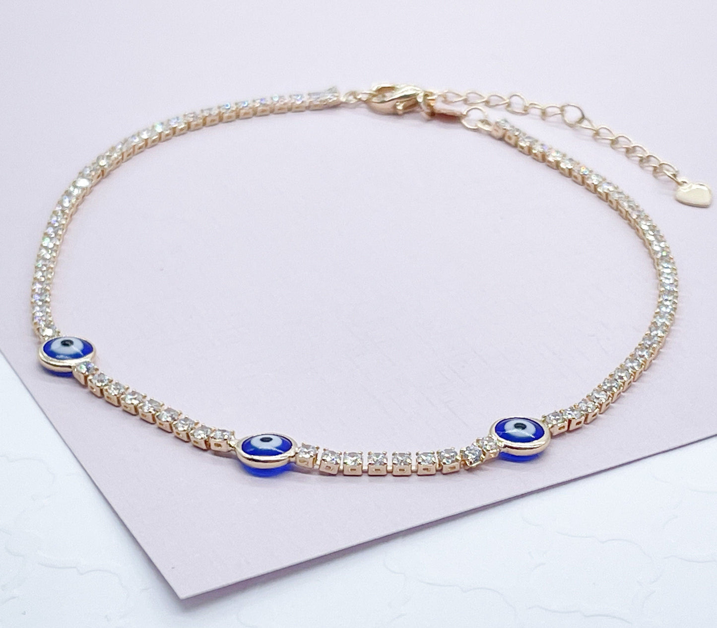 18k Gold Layered Evil Eye Anklet Featuring Cubic Zirconia Chain Wholesale