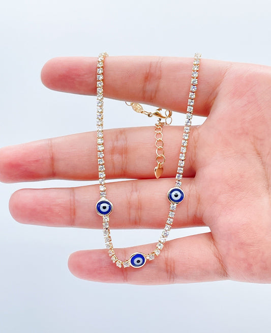 18k Gold Layered Evil Eye Anklet Featuring Cubic Zirconia Chain Wholesale