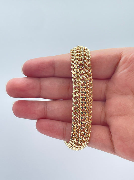 18K Gold Layered Thick Bracelet Feature Three Cuban Link Connected Side by Side