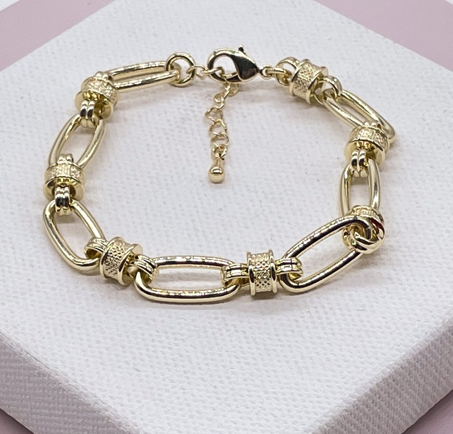 Chunky 18K Gold Layered Link Bracelet Featuring Plain Fancy Rondelle Donuts