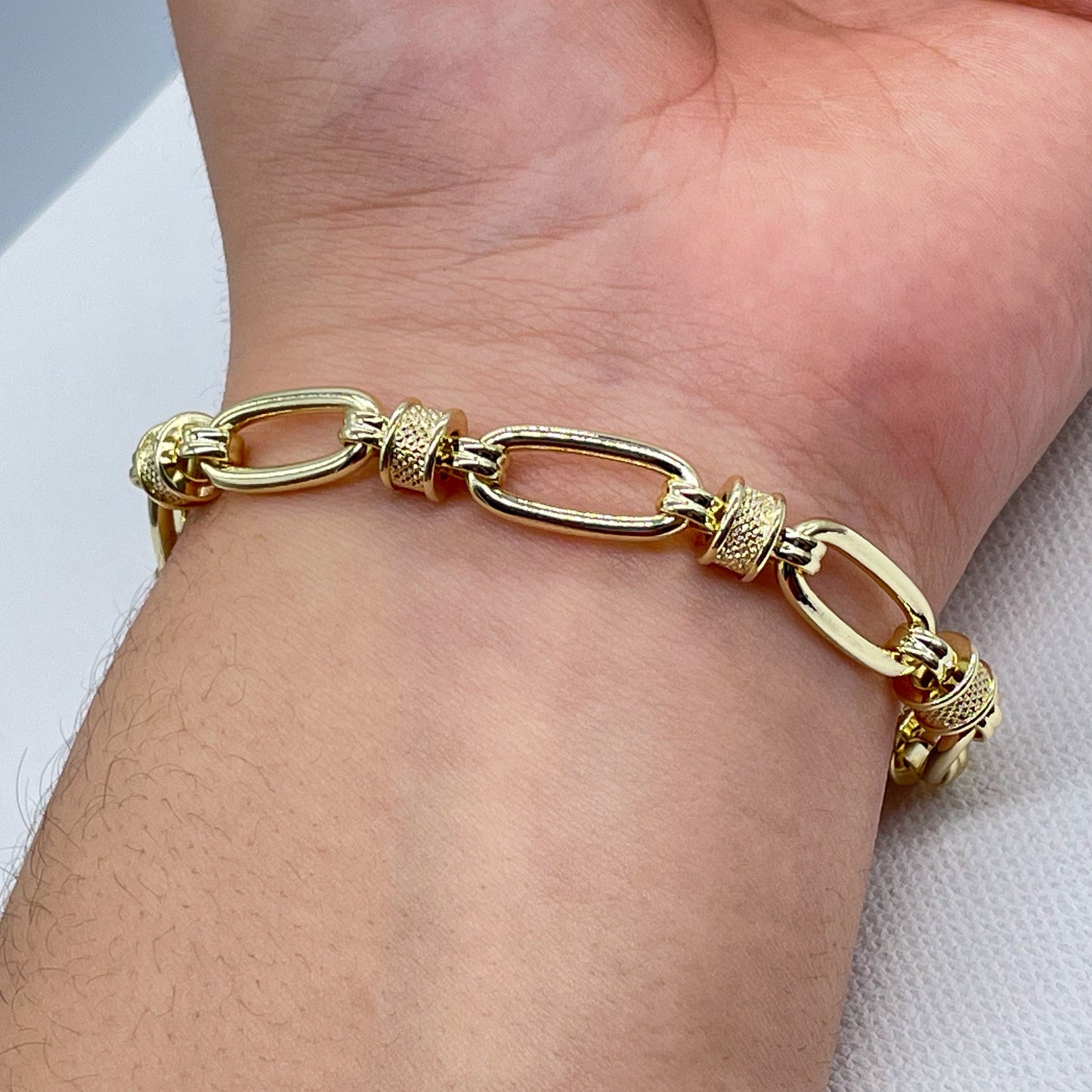 Chunky 18K Gold Layered Link Bracelet Featuring Plain Fancy Rondelle Donuts
