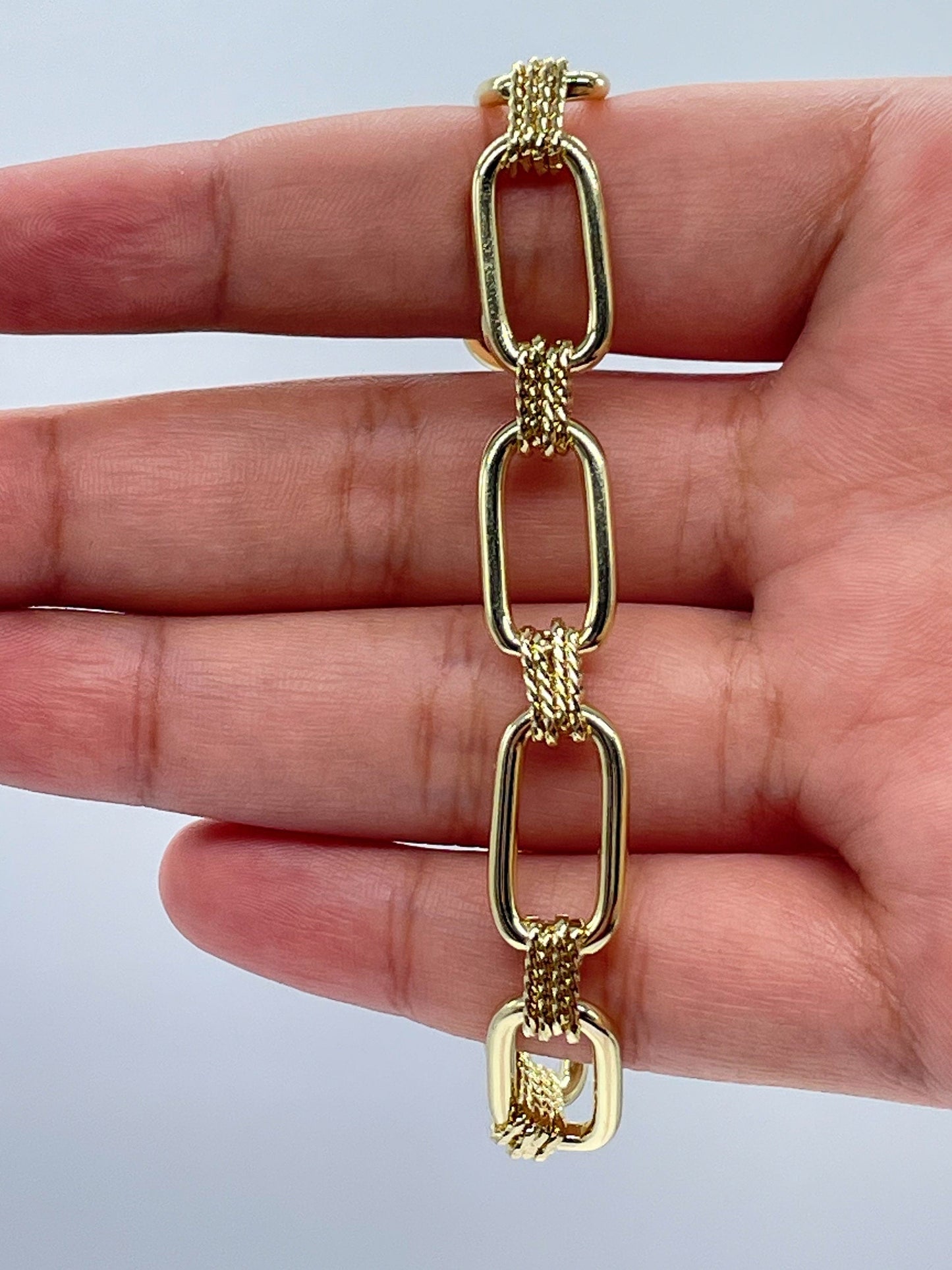 18K Gold Layered Designed Paper Clip Link Bracelet, Designer Women Bracelet, Gold