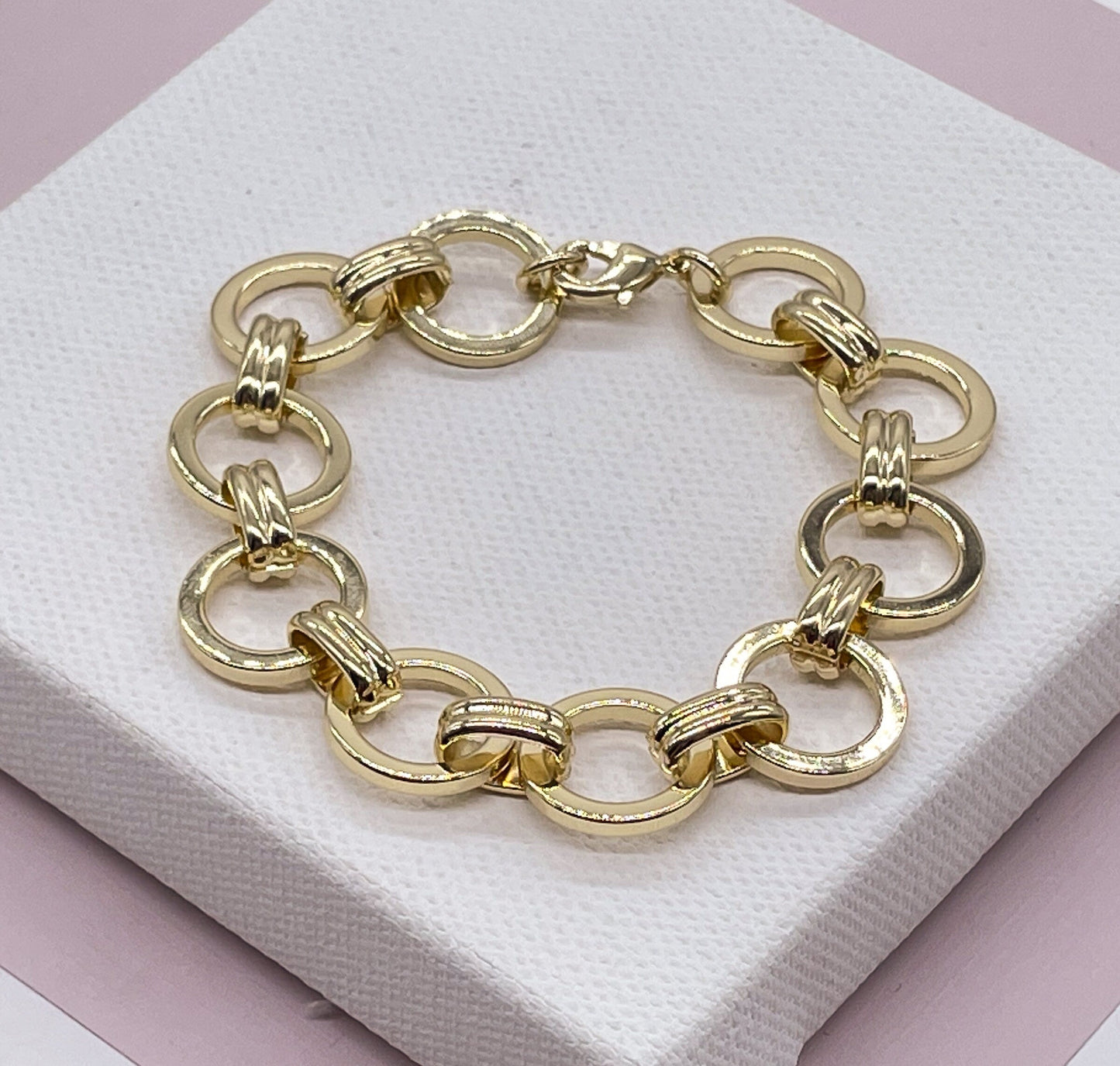 Chunky 18K Gold Layered 15mm Designed Plain Circle Link Bracelet Hypoallergenic