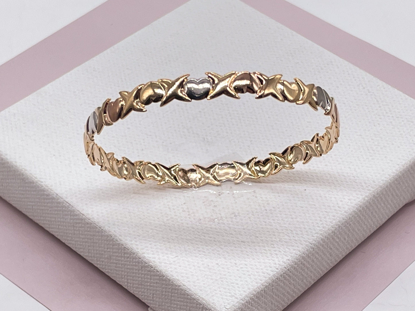 18k Gold Layered Tricolor XOXO Heart Bangle Gold, Silver and Rose Color For