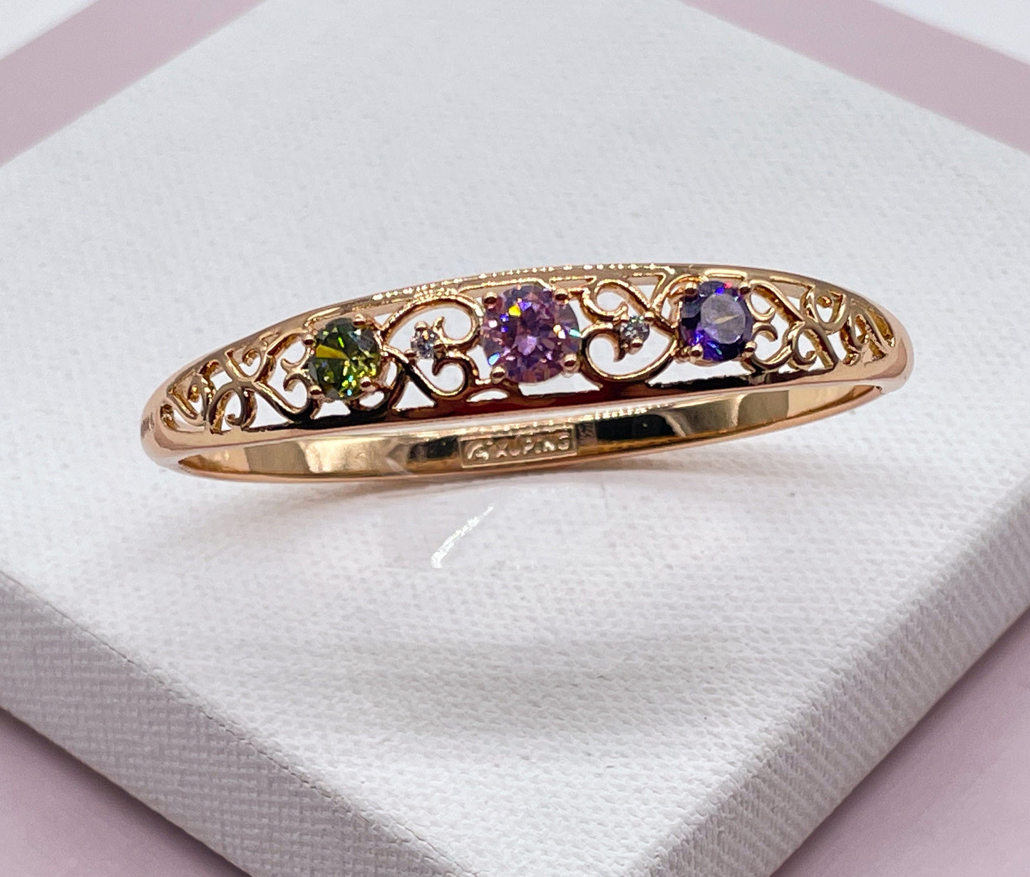 18k Gold Layered Bangle In Rose Gold Featuring Colorful Crystals