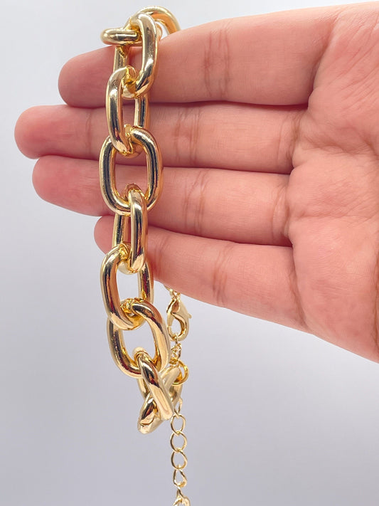 18k Gold Layered Large Link Bracelet, Chunky Link Chain Bracelet Women, 18k