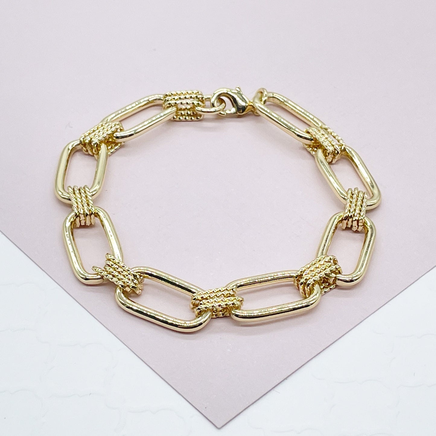 18K Gold Layered Designed Paper Clip Link Bracelet, Designer Women Bracelet, Gold