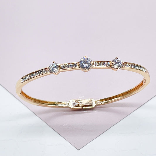 Luxurious 18k Gold Layered  Hinged A Safety Clasp Bangle Featuring Three Large
