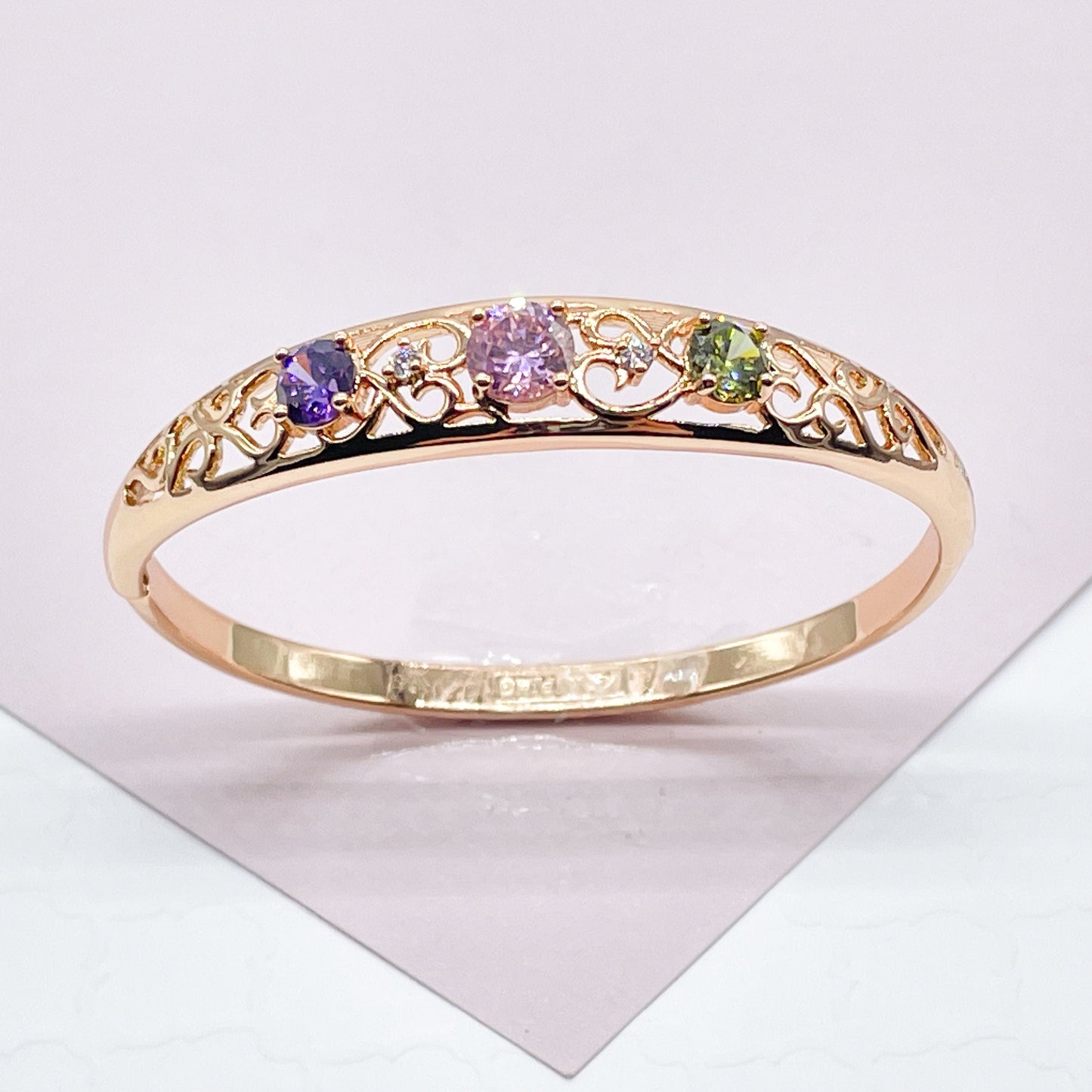 18k Gold Layered Bangle In Rose Gold Featuring Colorful Crystals