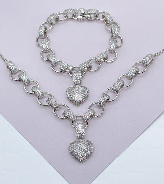 18k Gold Layered Puffy Heart Set of Bracelet Necklace In Micro Pave Cubic