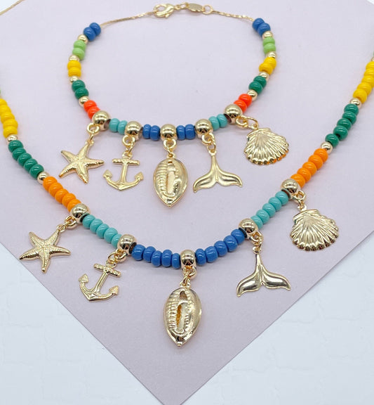 18k Gold Filled Colorful Beads Sea Inspired Charm Set Bracelet n Necklace Marine