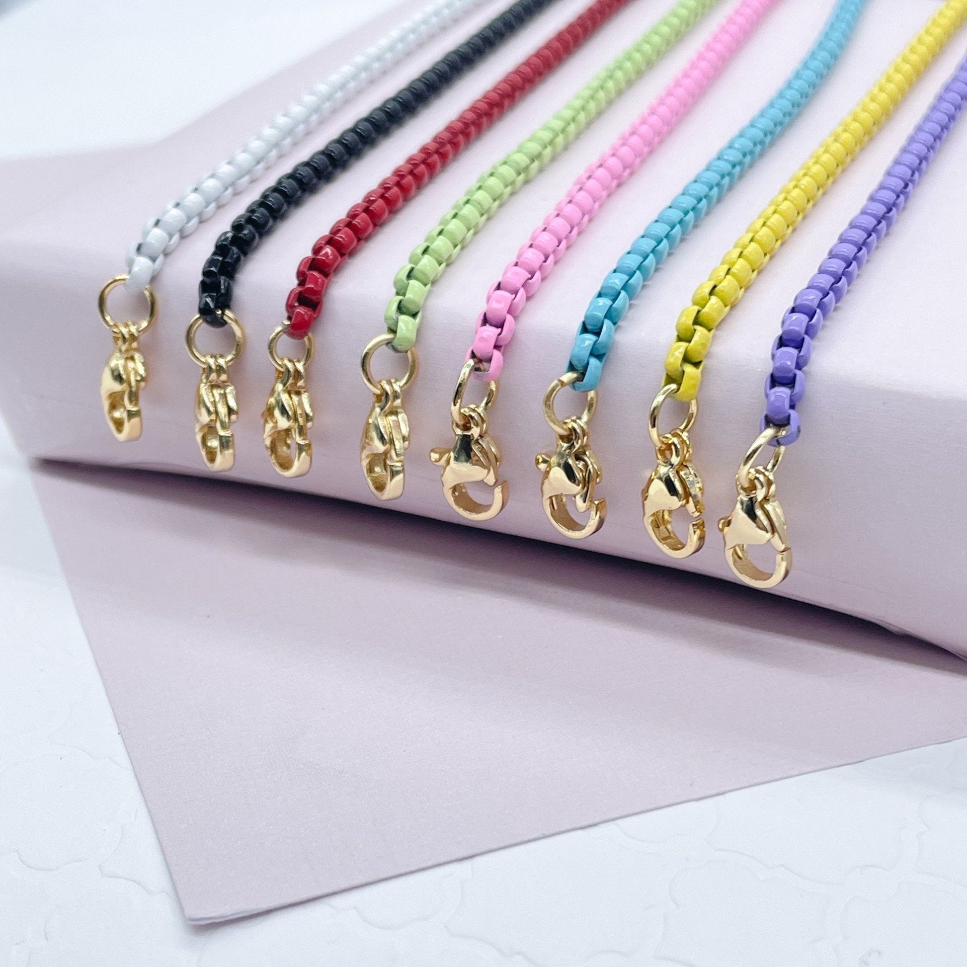 18K Gold Layered 3mm Colorful Enamel Box Chain Multicolor Necklace for Jewelry White