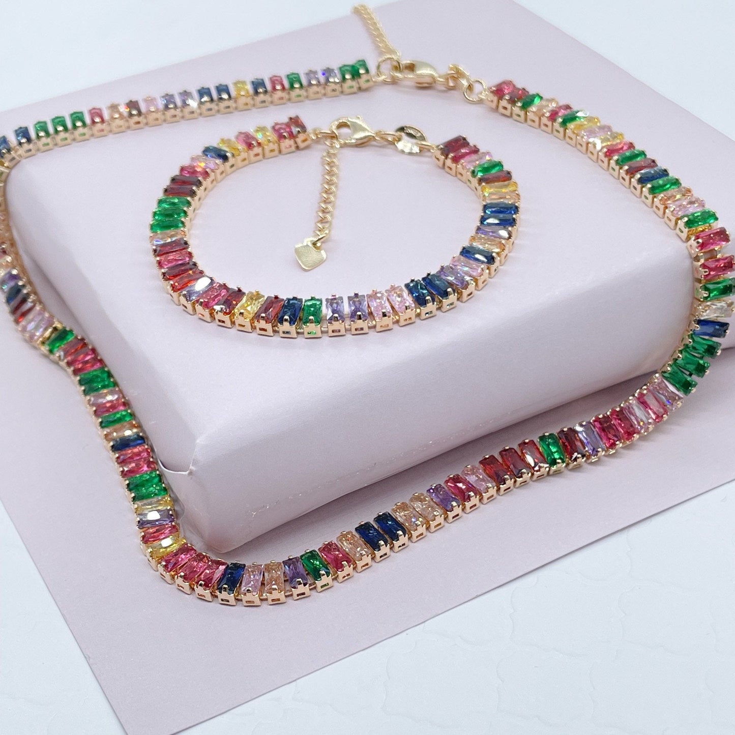 18k Gold Layered Choker Necklace And Bracelet Set With Colorful Baguette Cubic