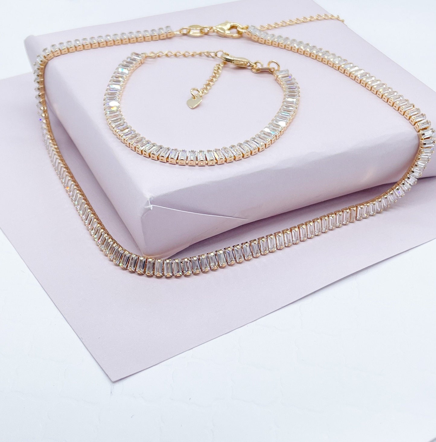 Gorgeous 18k Gold Layered Baguette Cubic Zirconia Set Choker Necklace and