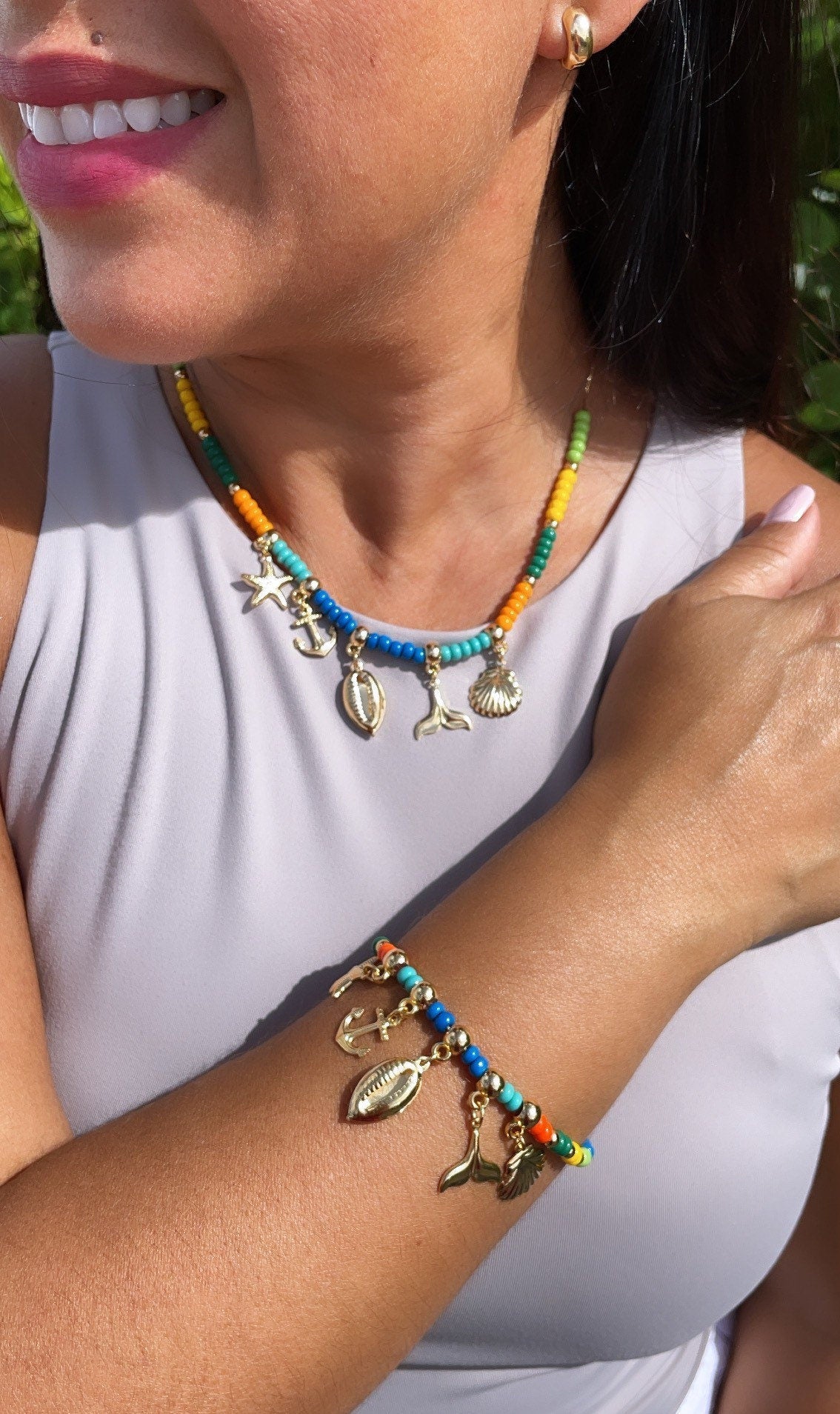 18k Gold Layered Colorful Beads Sea Inspired Charm Set Bracelet n Necklace Marine