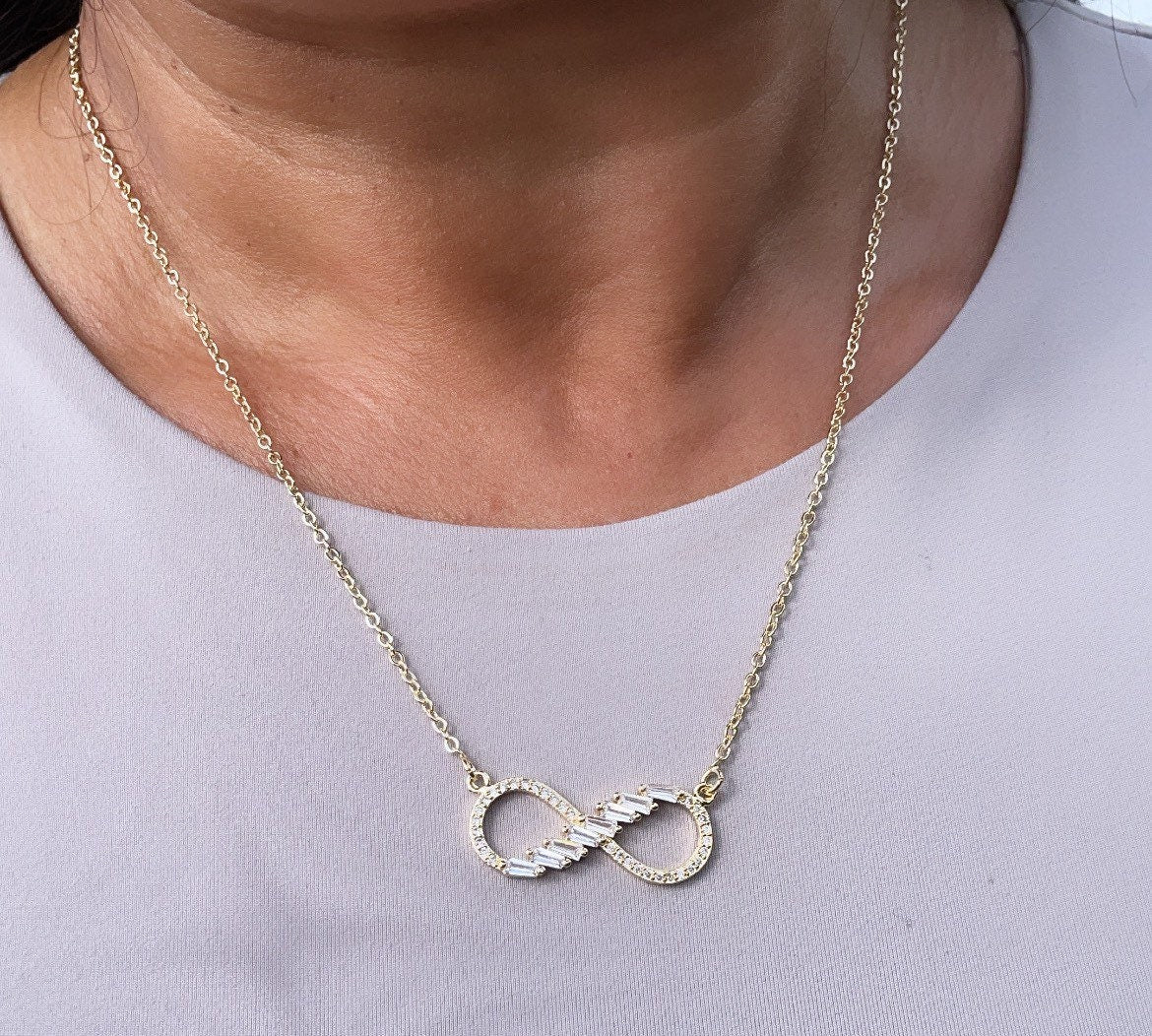 18k Gold Layered Infinity Baguete And Micro Pave Zirconia Set Necklace And