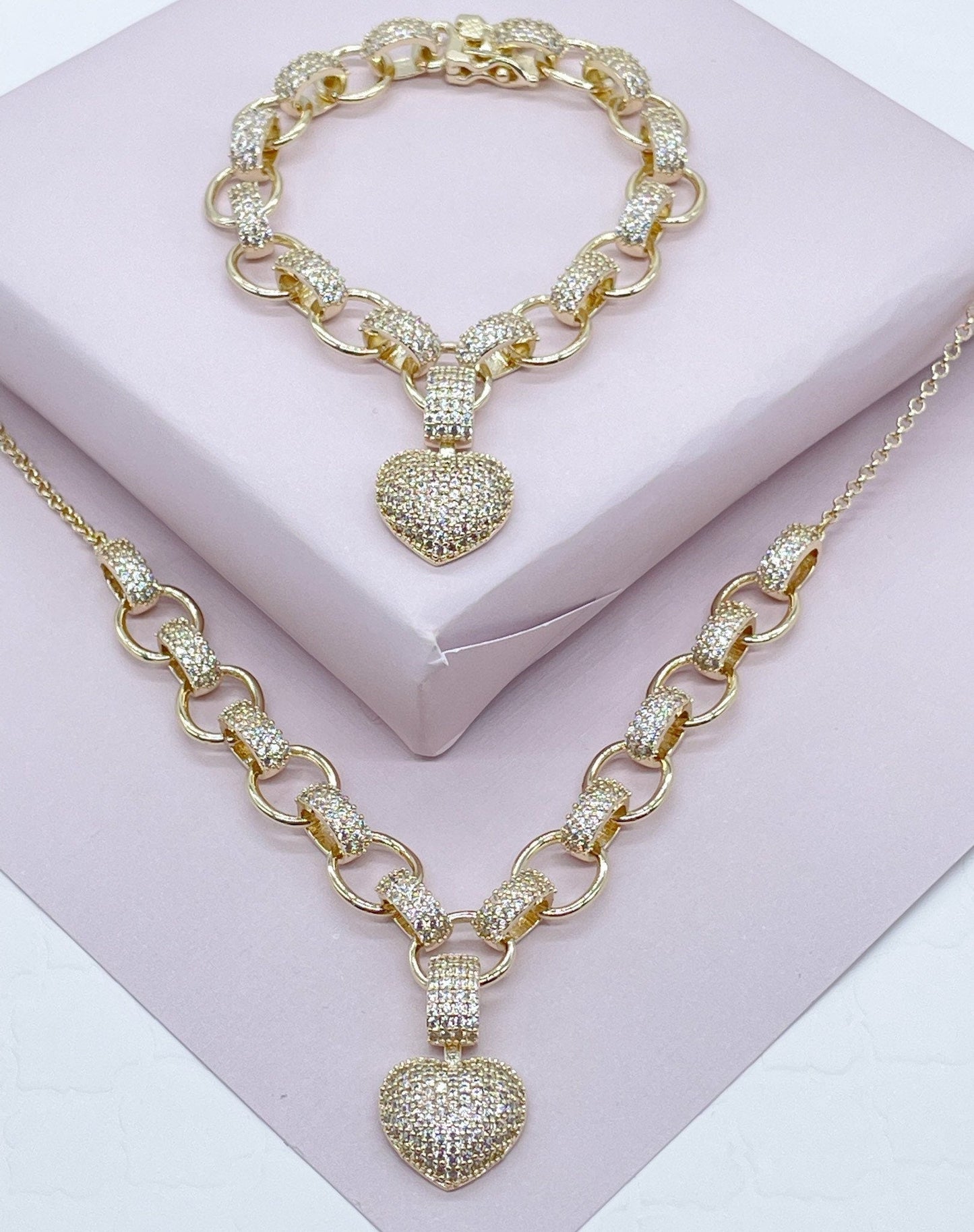 18k Gold Layered Puffy Heart Set of Bracelet Necklace In Micro Pave Cubic