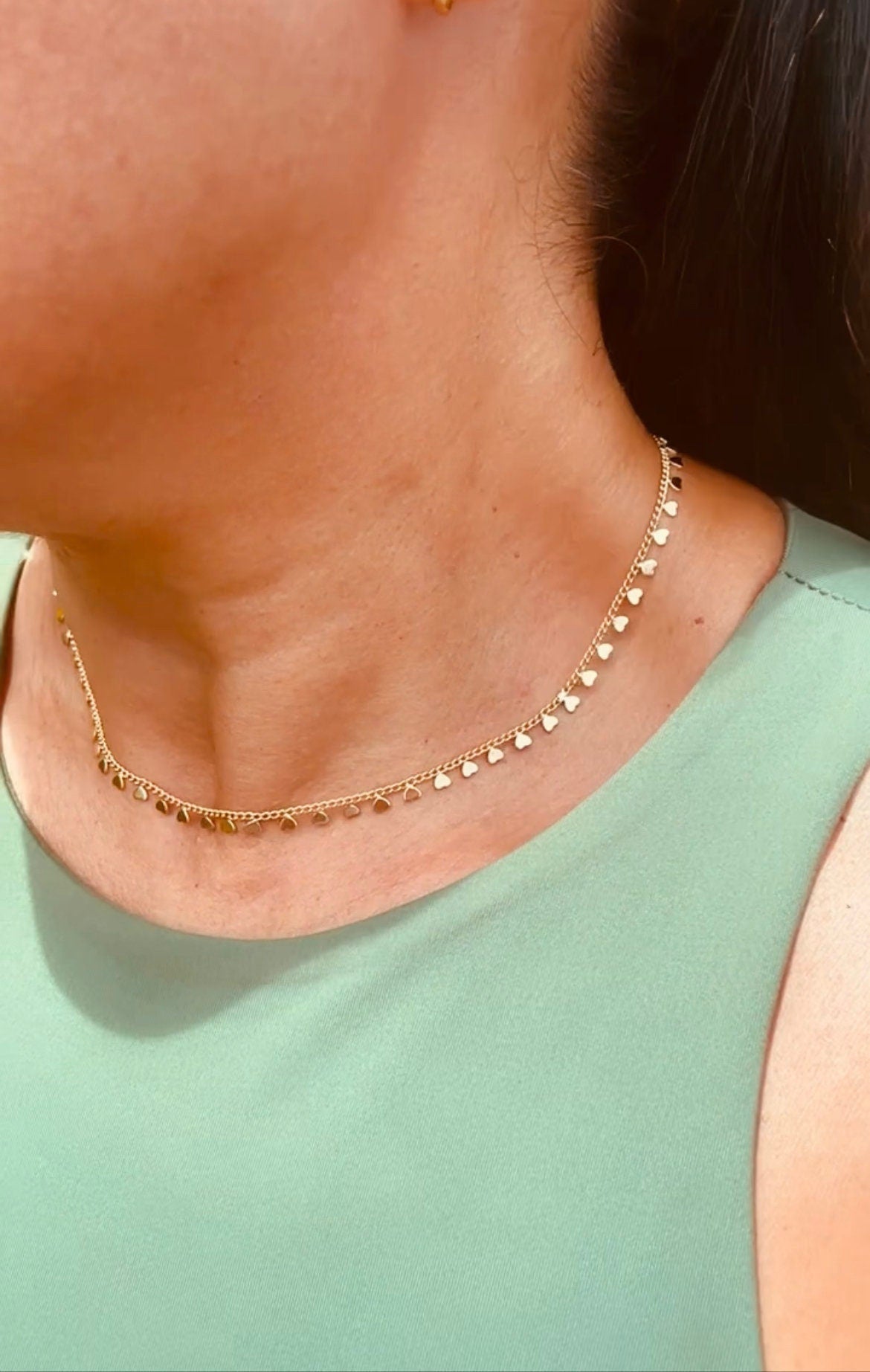 18k Gold Layered Little Heart Choker On a Cuban Link Chain Hypoallergenic Jewelry