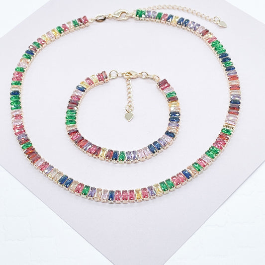 18k Gold Layered Choker Necklace And Bracelet Set With Colorful Baguette Cubic