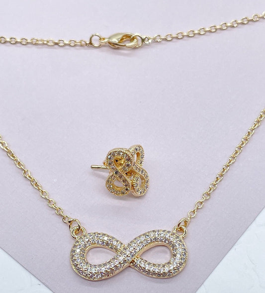 18k Gold Layered Puffy Infinity Set In Micro Pave Cubic Zirconia Necklace and