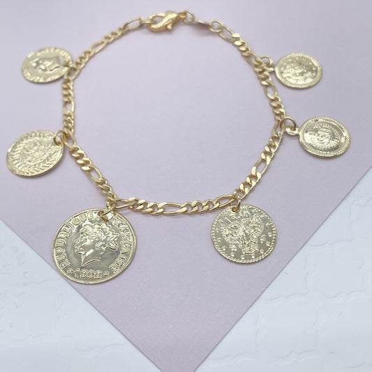 18k Gold Layered Coin Charm Bracelet, Medallion Pendants Bracelet, Historic Coin,