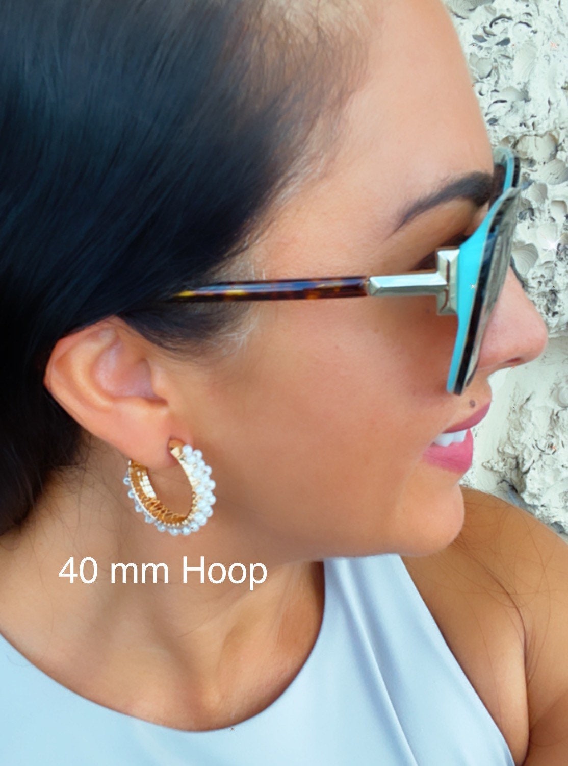 18k Gold filled Hoop Earrings Featuring A Wire Wrap of Pearls Around The Hoop
