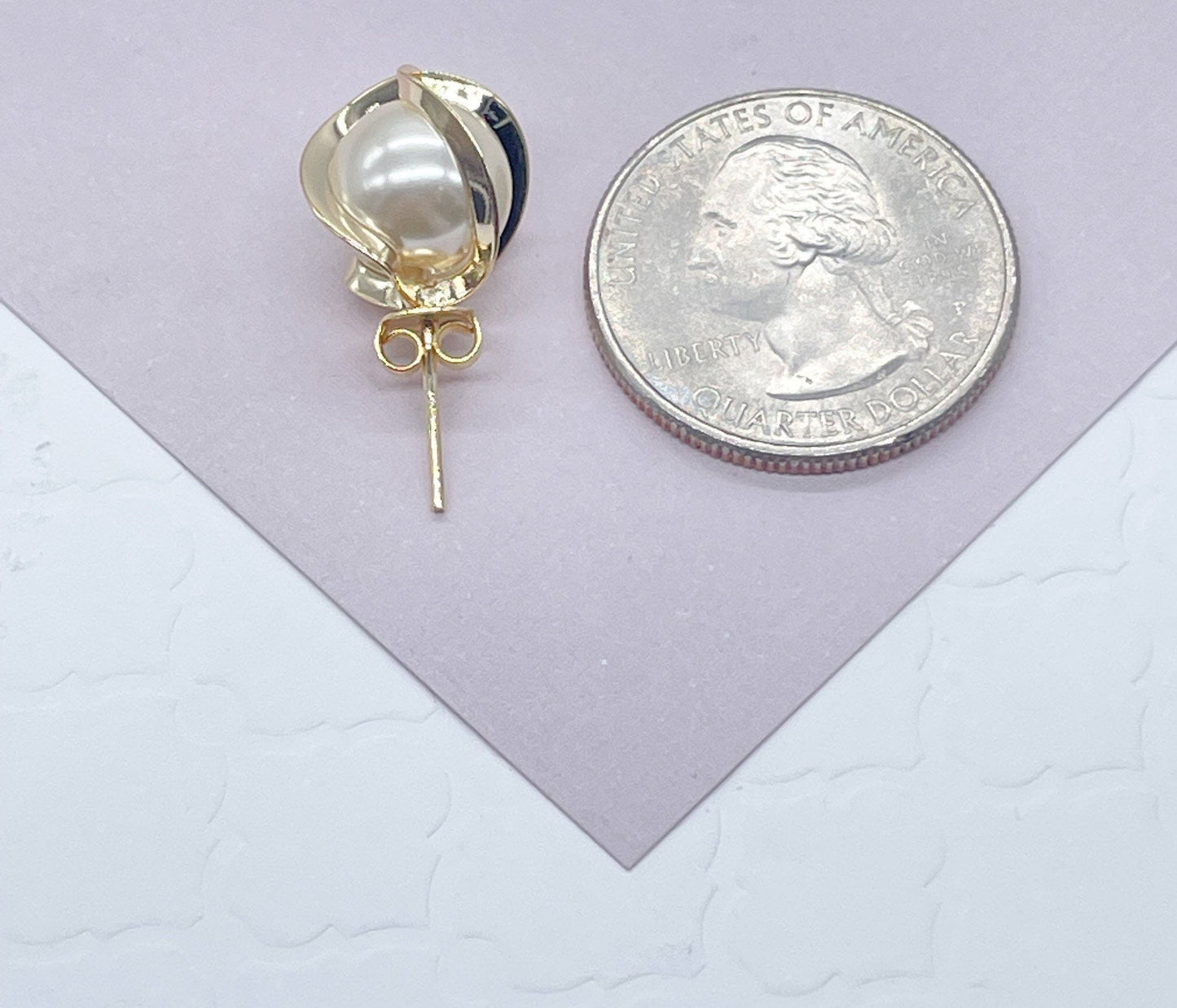 18k Gold Layered Pearl Stud Wrapped In Gold Thread 12 mm Size, Simulated Pearl,