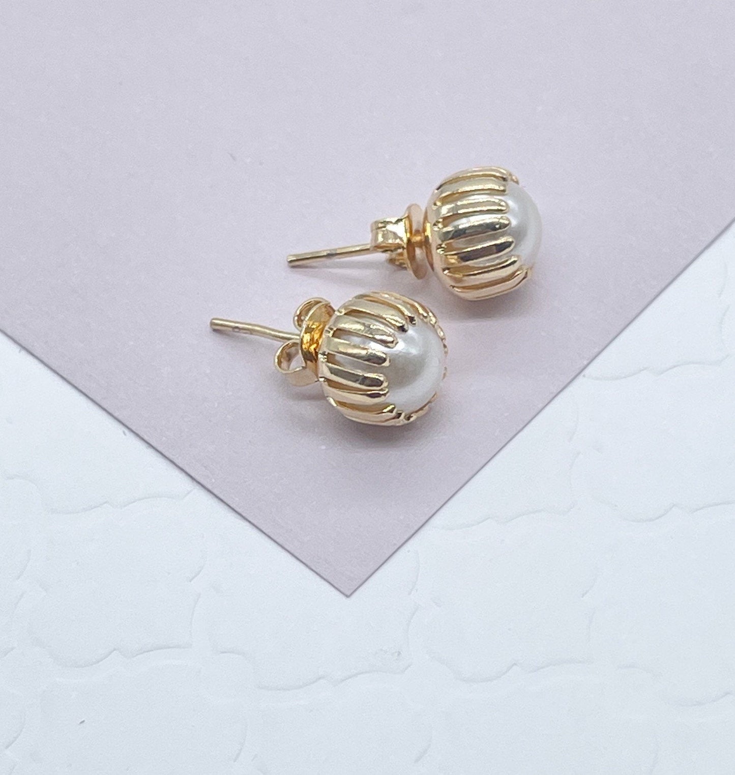 Gorgeous Delicate 18k Gold Layered Crowned Pearl Stud Earrings