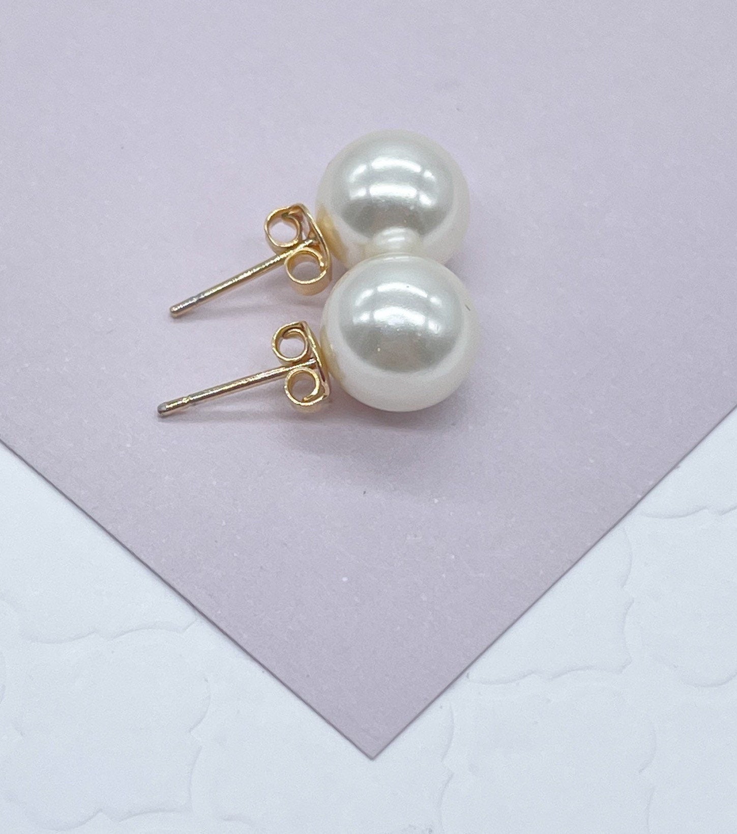 18k Gold Filled Plain Simulated Pearl Stud Earrings Available In Sizes 8mm, 10mm, 12mm And Jewelry Making Supplies