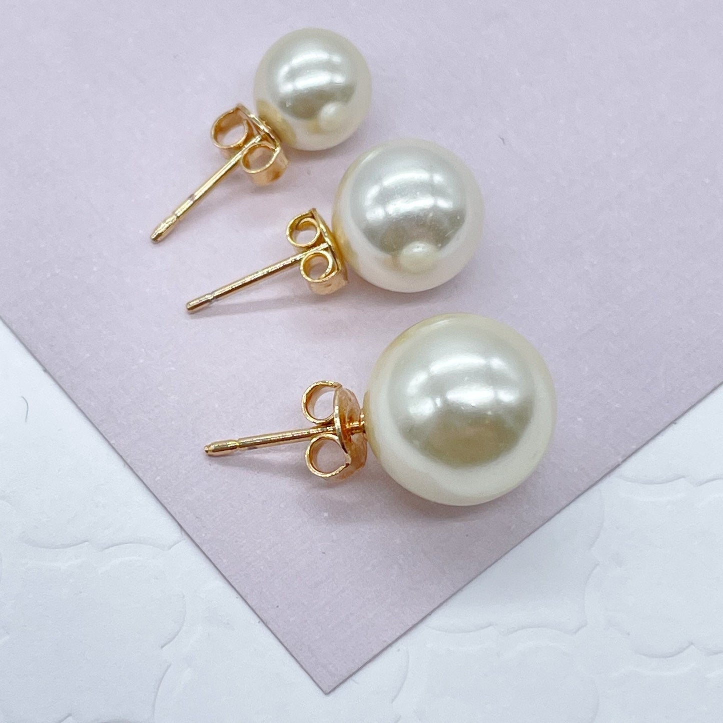 18k Gold Filled Plain Simulated Pearl Stud Earrings Available In Sizes 8mm, 10mm, 12mm And Jewelry Making Supplies
