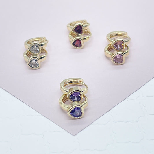 18k Gold Filled Heart Stone Huggie Small Hoop Earrings Hypoallergenic Jewelry Available in Ruby, Crystal, Pink And Lilac Colors