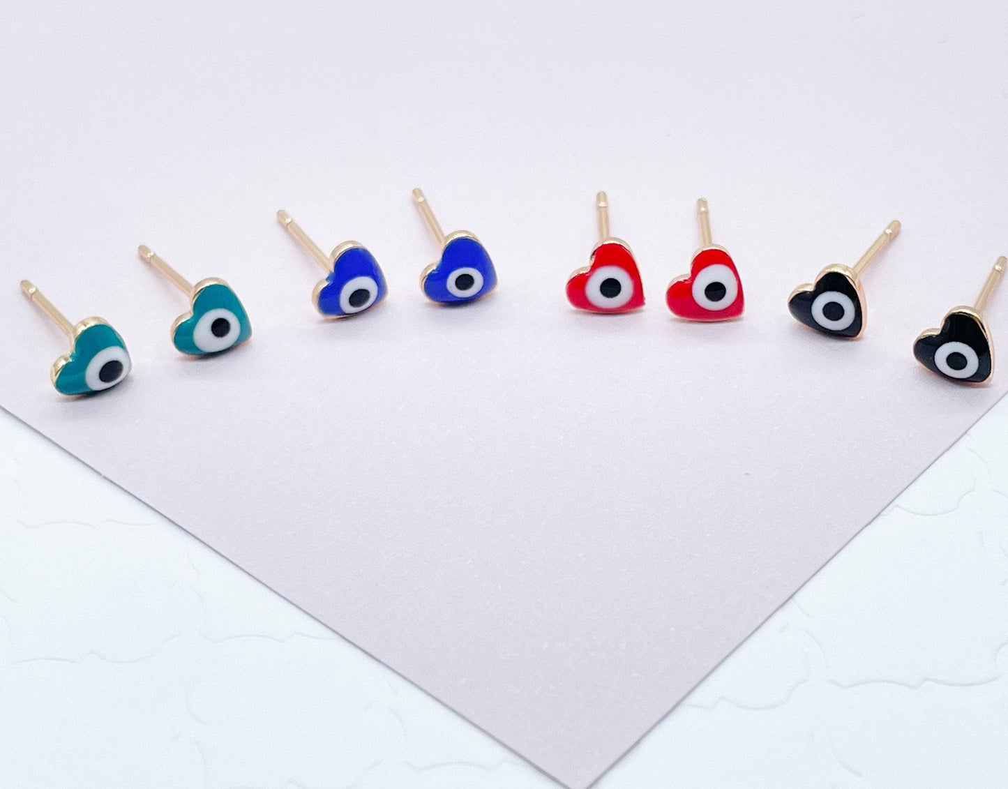 18k Gold Layered Little Heart Shaped Evil Eye Stud Earrings Hypoallergenic