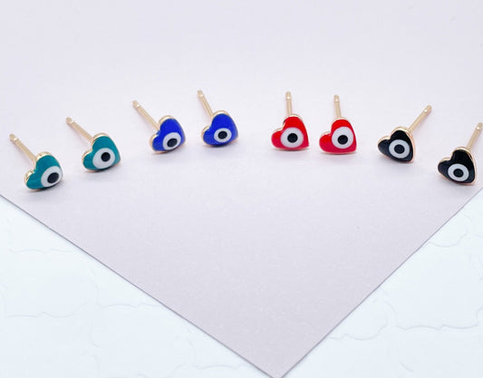 18k Gold Filled Little Heart Shaped Evil Eye Stud Earrings Hypoallergenic