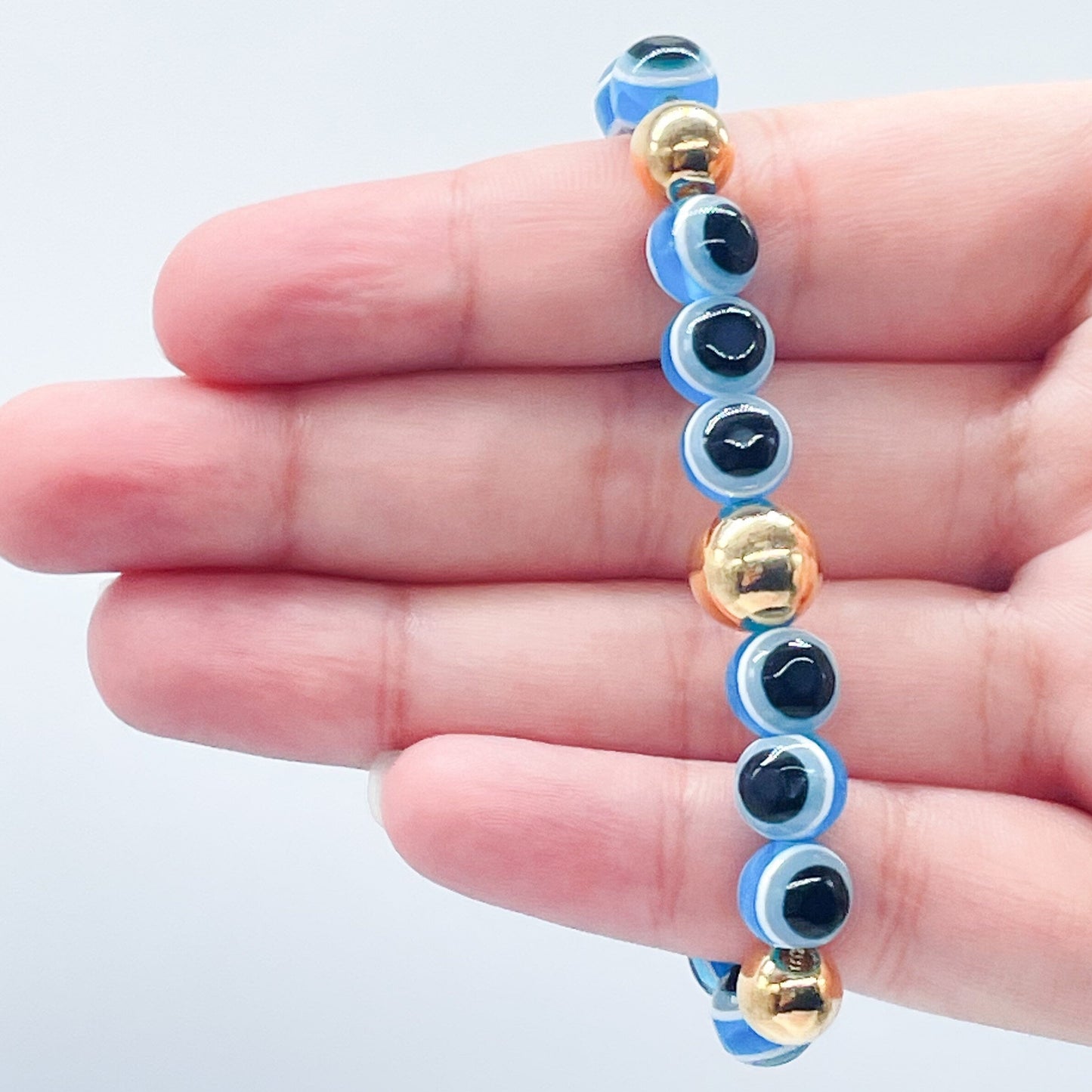 18k Gold Layered Glass Bead Ball Evil Eye Bracelet Featuring Gold Ball Bead on
