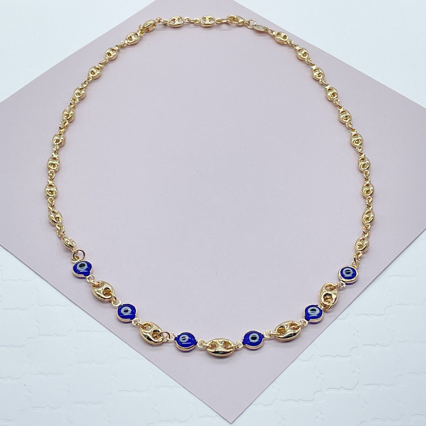 18k Gold Layered Mariner Link Mixed Blue Eye Bracelet And Necklace